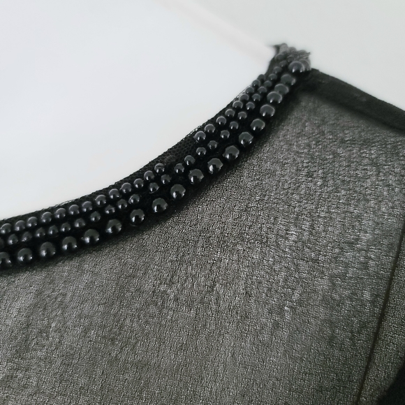 ZARA Black Crochet Lace Tee XS Beaded Neckline Sheer Mesh Nylon Punk Goth - Picture 9 of 14